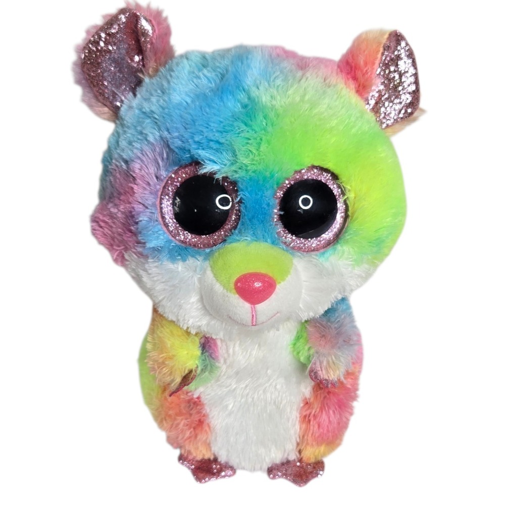 Ty Beanie Boos Rodney Hamster Plush 9" Rainbow Tie Dye Glitter Eyes Pets Rodents